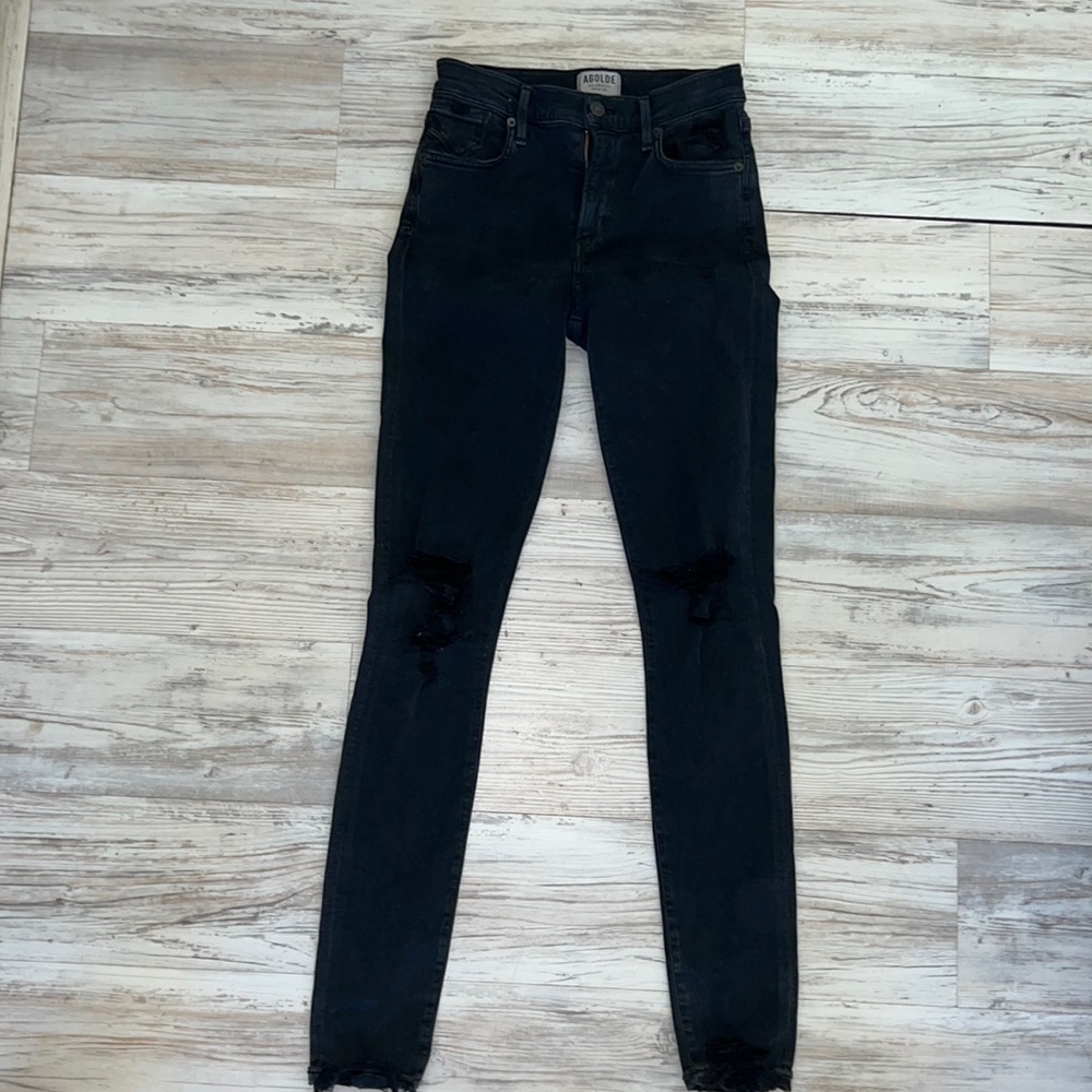 AGOLDE
Black Distressed Sophie High Rise Crop In Temple Skinny Jeans